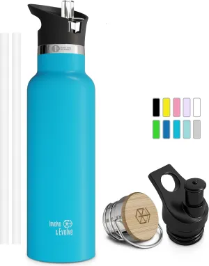 Kids Water Bottle Easy-Sip Straw Lid Leak-Proof Insulated Stainless Steel Thermos Perfect for School & Pickleball 3 Lids BPA-Free Keeps Drinks Cold for 24 Hours (Blue 20oz)