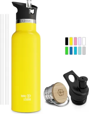 Kids Water Bottle Easy-Sip Straw Lid Leak-Proof Insulated Stainless Steel Thermos Perfect for School & Pickleball 3 Lids BPA-Free Keeps Drinks Cold for 24 Hours (Yellow 12oz)