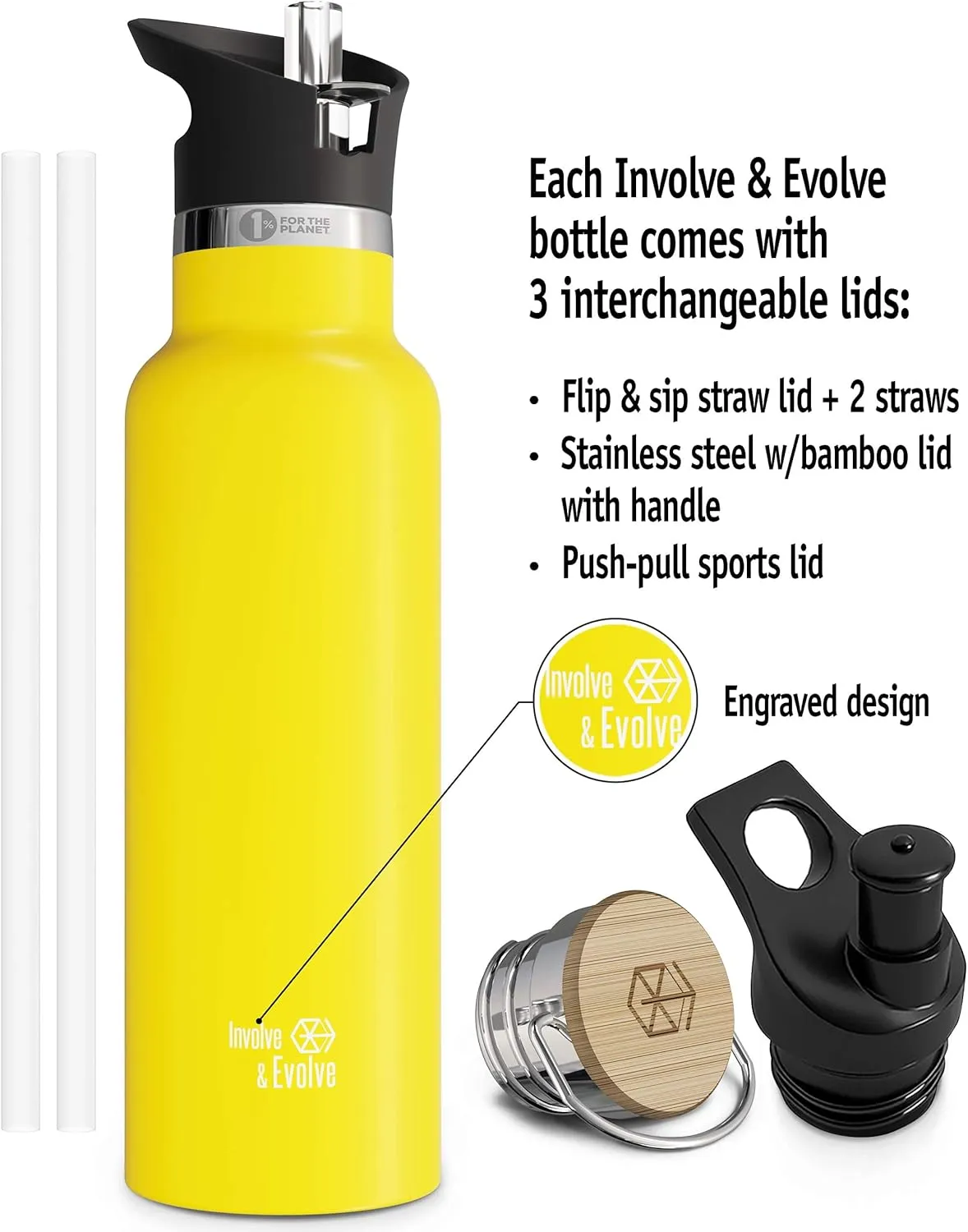 Kids Water Bottle Easy-Sip Straw Lid Leak-Proof Insulated Stainless Steel Thermos Perfect for School & Pickleball 3 Lids BPA-Free Keeps Drinks Cold for 24 Hours (Yellow 12oz)