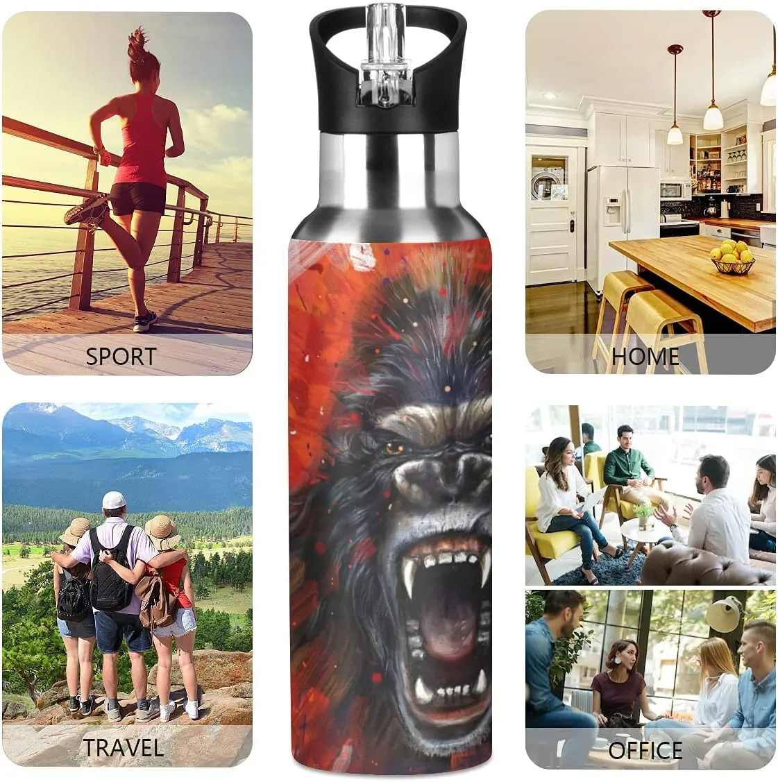 King Kong Water Bottle with Straw Lid Leakproof Kids Insulated Stainless Steel Water Flask Bottle for Sports Gym Outdoor 20 oz