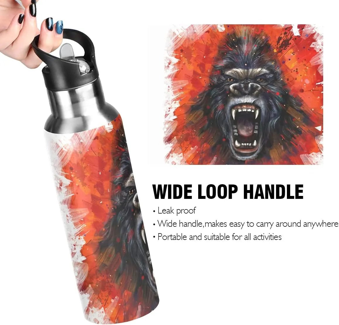 King Kong Water Bottle with Straw Lid Leakproof Kids Insulated Stainless Steel Water Flask Bottle for Sports Gym Outdoor 20 oz