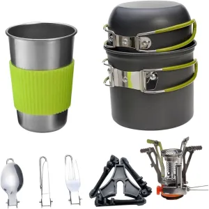 Kisangel Outdoor Camping Cookware Set Lightweight Cutlery and Pot Kit Green Handle for Hiking Picnics and Outdoor Cooking Supplies and Easy to Carry