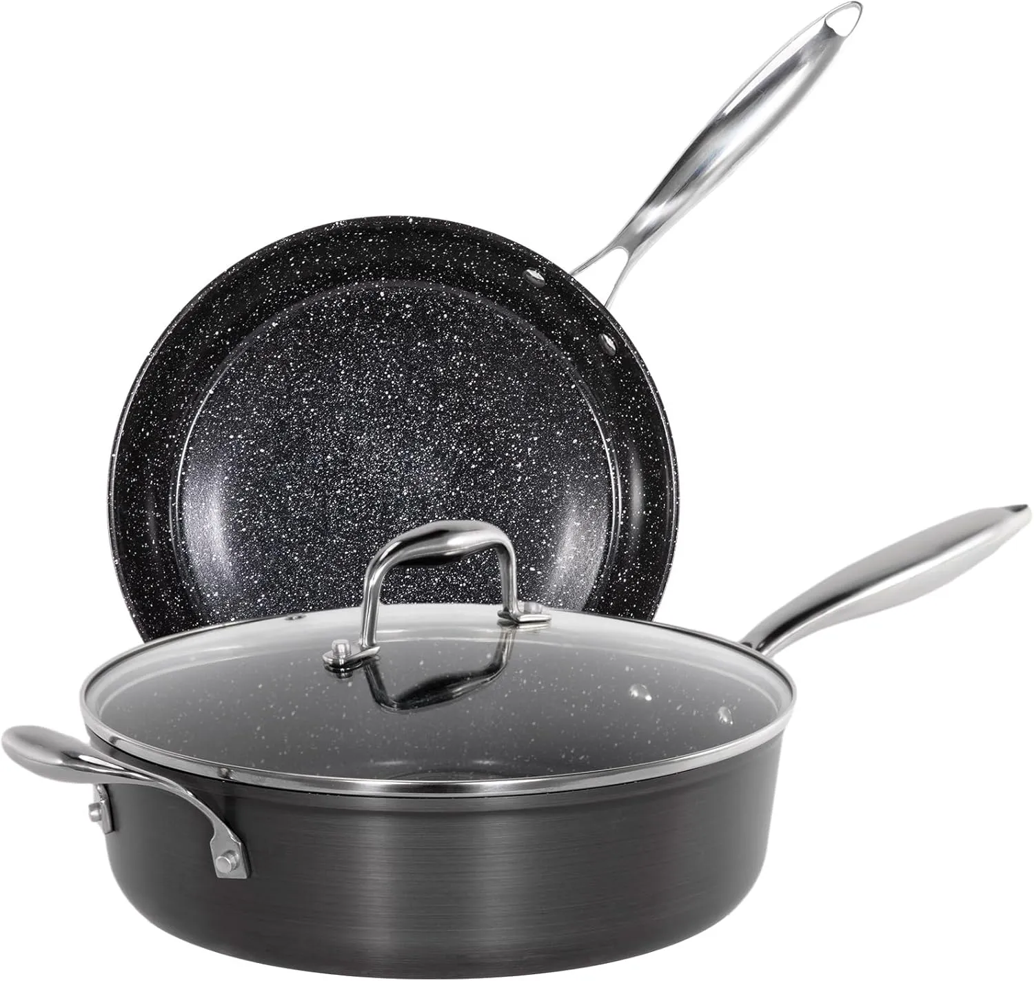 Kitchen Academy Hard Anodized Ceramic Non Stick Frying Pans Set 3 Piece - 11.8" Frying Pan & 11" Deep Saute Pan with Lid, PTFE & PFOA Free, Induction & Oven Safe, Black