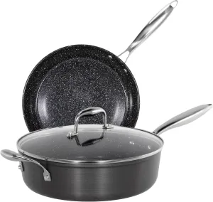 Kitchen Academy Hard Anodized Ceramic Non Stick Frying Pans Set 3 Piece - 11.8" Frying Pan & 11" Deep Saute Pan with Lid, PTFE & PFOA Free, Induction & Oven Safe, Black