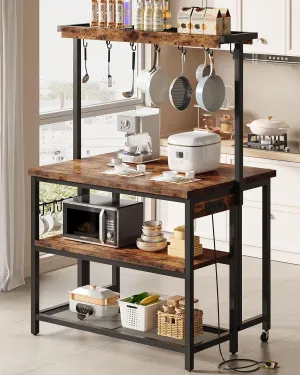 Kitchen Island with Power Outlet, Kitchen Island Table with Folding Top, Stationary Storage Islands, Coffee Bar with Outlets and USB Ports, for Dining Room, Living Room, Rustic Brown TZD01UBF