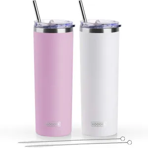 koodee 20 oz Skinny Tumbler (2 Pack) Stainless Steel Double Wall Insulated Water Tumbler Cup with Straw, Slim Travel Tumbler for Women Diy Birthday Gift (Baby Pink-White)