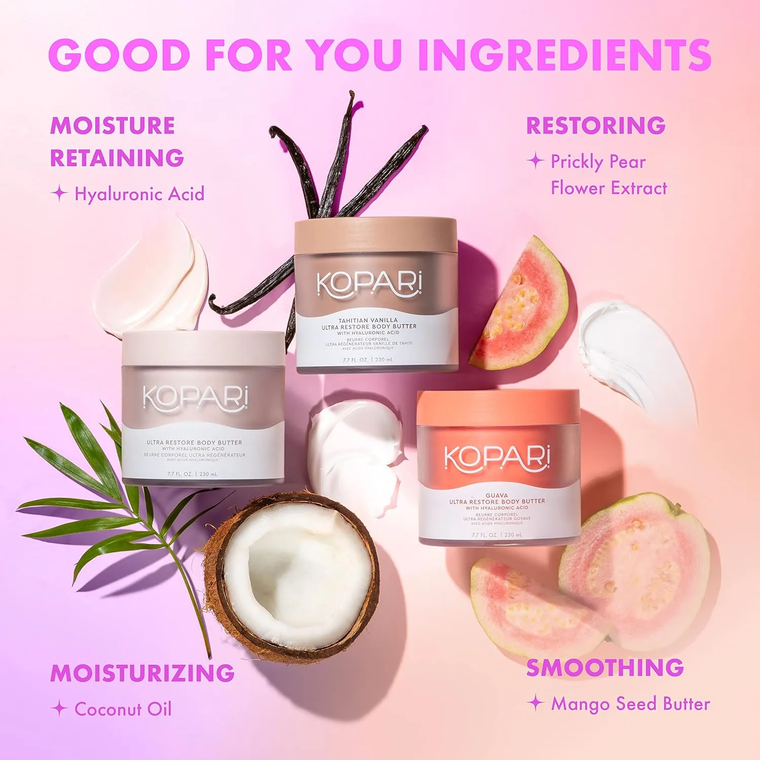 Kopari Ultra Restore Body Butter, Whipped Lightweight Formula, Hyaluronic Acid & Mango Butter, Deep Long-Lasting Moisture, Tahitian Vanilla 7.7 oz