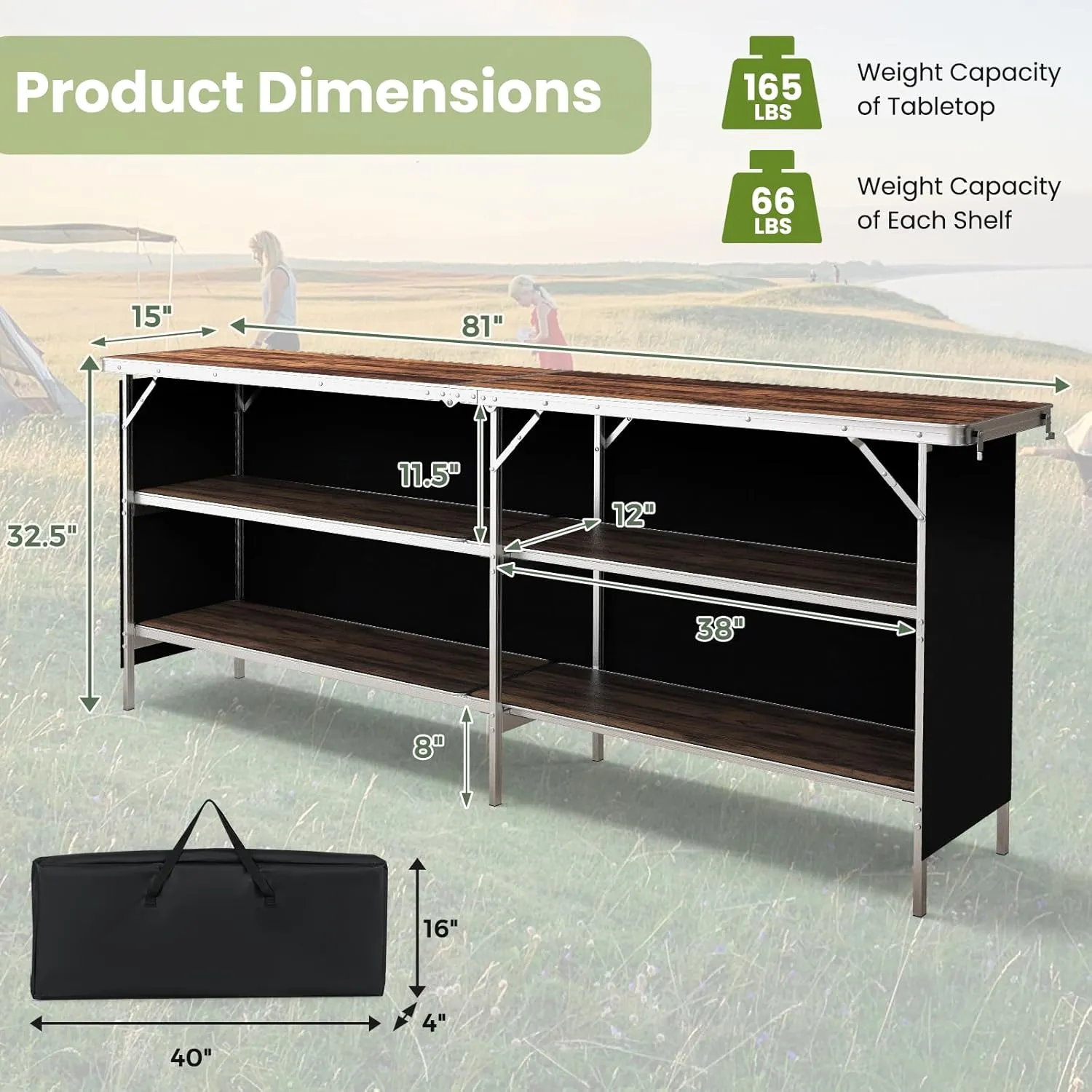 KOTEK Folding Camping Table with 2-Tier Storage Shelves, Removable Privacy Skirt & Carry Bag, Easy Setup, Portable Bar Table for Events, Party, Picnic, BBQ, Trade-Show and Indoor Use(81" L x 15" W)