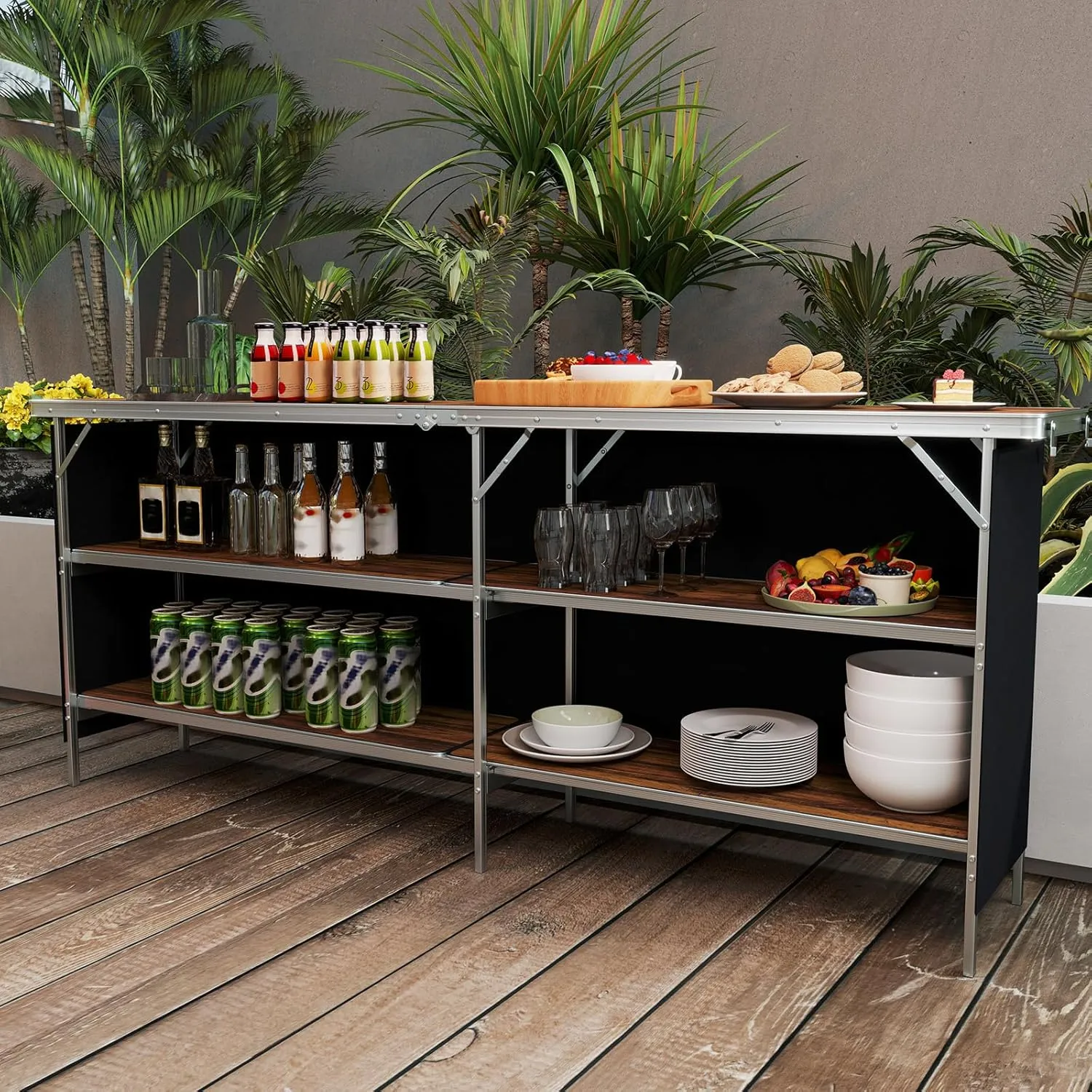 KOTEK Folding Camping Table with 2-Tier Storage Shelves, Removable Privacy Skirt & Carry Bag, Easy Setup, Portable Bar Table for Events, Party, Picnic, BBQ, Trade-Show and Indoor Use(81" L x 15" W)