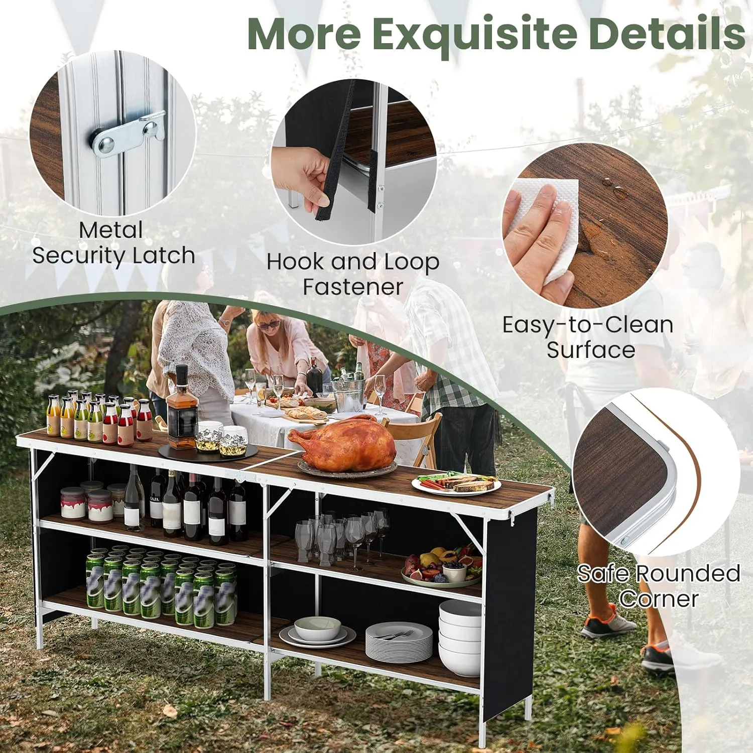 KOTEK Folding Camping Table with 2-Tier Storage Shelves, Removable Privacy Skirt & Carry Bag, Easy Setup, Portable Bar Table for Events, Party, Picnic, BBQ, Trade-Show and Indoor Use(81" L x 15" W)