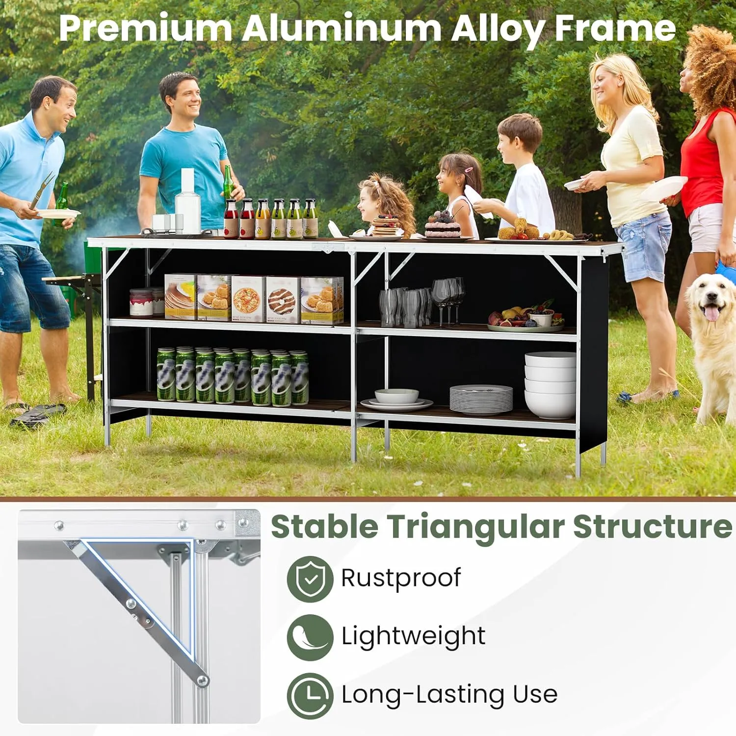 KOTEK Folding Camping Table with 2-Tier Storage Shelves, Removable Privacy Skirt & Carry Bag, Easy Setup, Portable Bar Table for Events, Party, Picnic, BBQ, Trade-Show and Indoor Use(81" L x 15" W)
