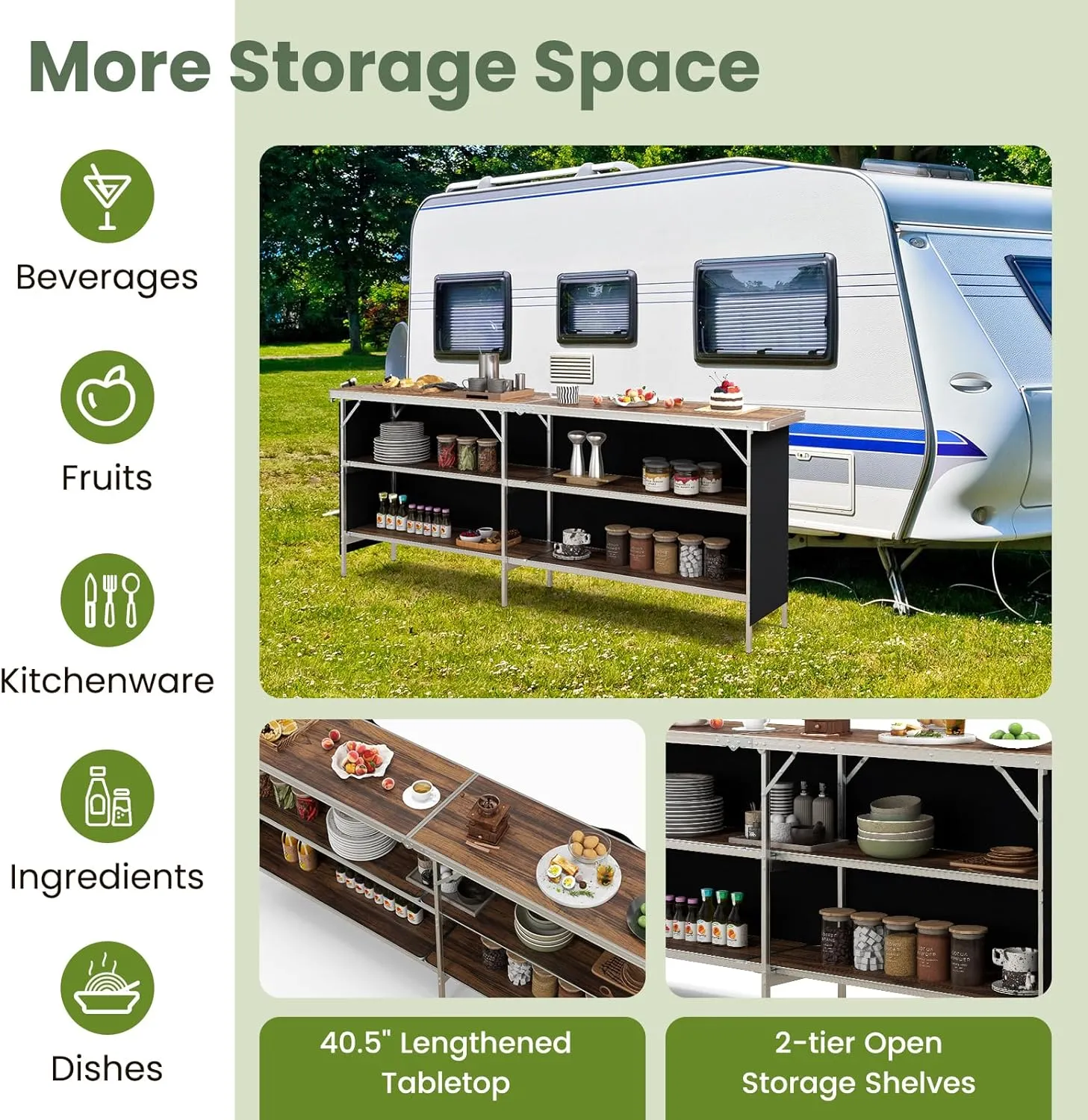 KOTEK Folding Camping Table with 2-Tier Storage Shelves, Removable Privacy Skirt & Carry Bag, Easy Setup, Portable Bar Table for Events, Party, Picnic, BBQ, Trade-Show and Indoor Use(81" L x 15" W)