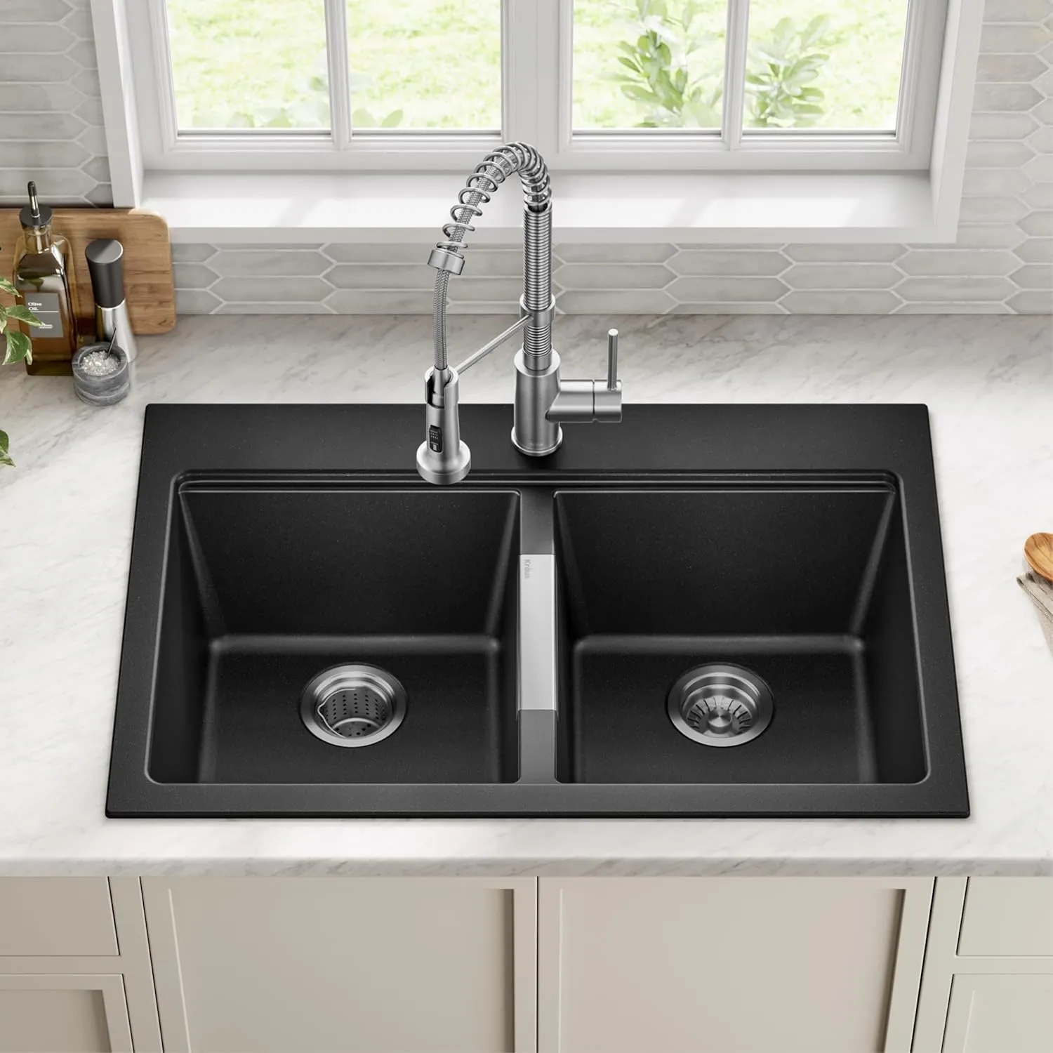 Kraus KGD-433B Quarza Dual Mount 50/50 Double Bowl Granite Black w/Drop In and Undermount Kitchen Sink Installation, 33
