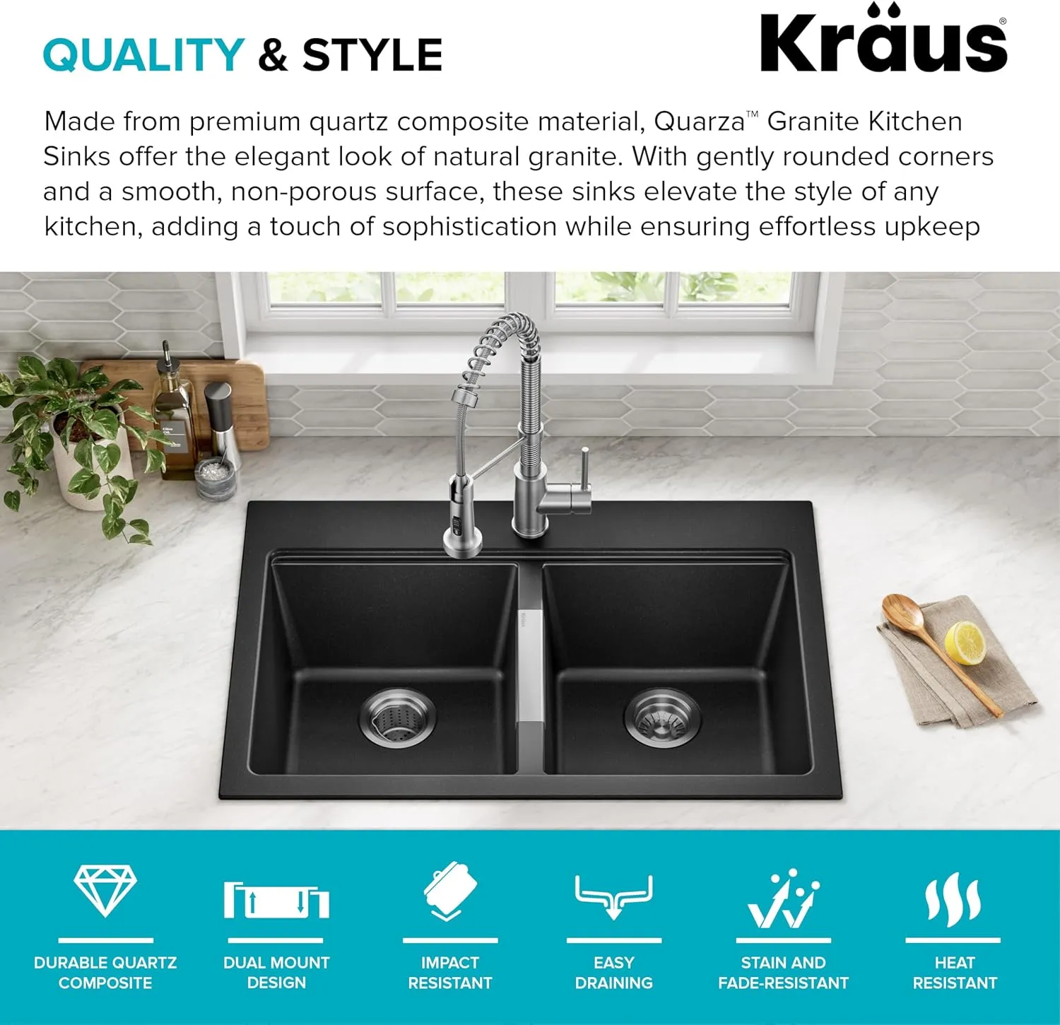 Kraus KGD-433B Quarza Dual Mount 50/50 Double Bowl Granite Black w/Drop In and Undermount Kitchen Sink Installation, 33