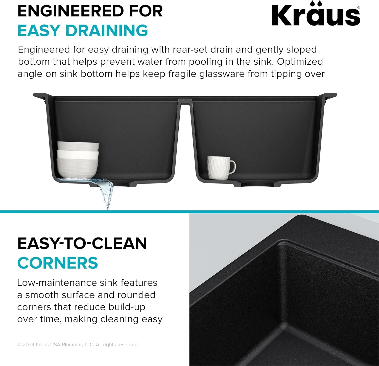 Kraus KGD-433B Quarza Dual Mount 50/50 Double Bowl Granite Black w/Drop In and Undermount Kitchen Sink Installation, 33