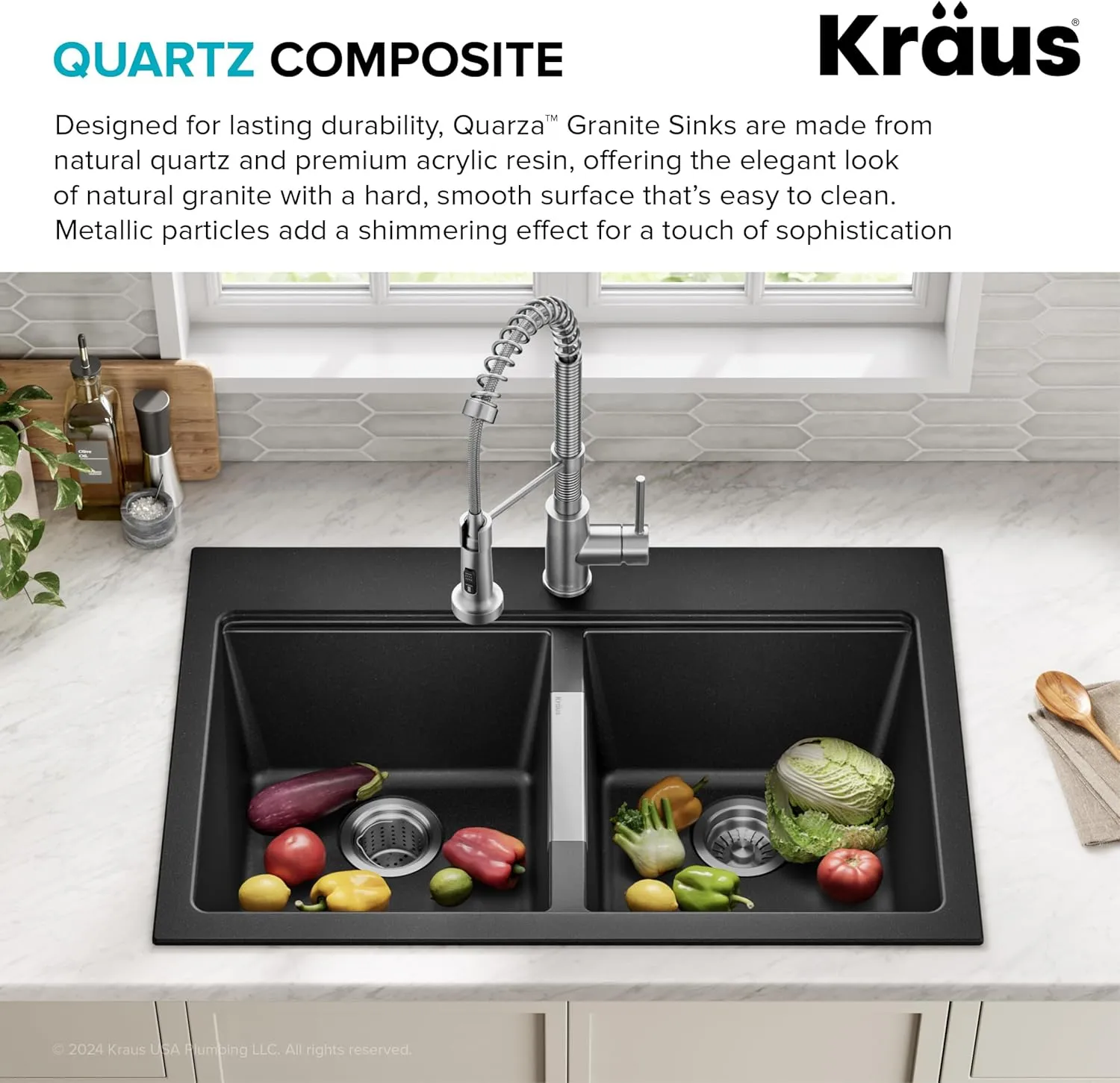 Kraus KGD-433B Quarza Dual Mount 50/50 Double Bowl Granite Black w/Drop In and Undermount Kitchen Sink Installation, 33