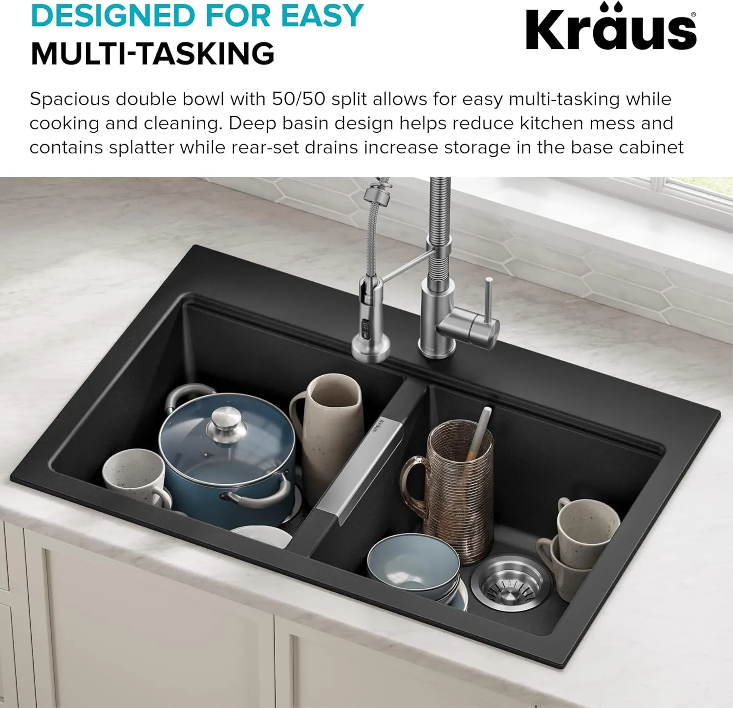 Kraus KGD-433B Quarza Dual Mount 50/50 Double Bowl Granite Black w/Drop In and Undermount Kitchen Sink Installation, 33