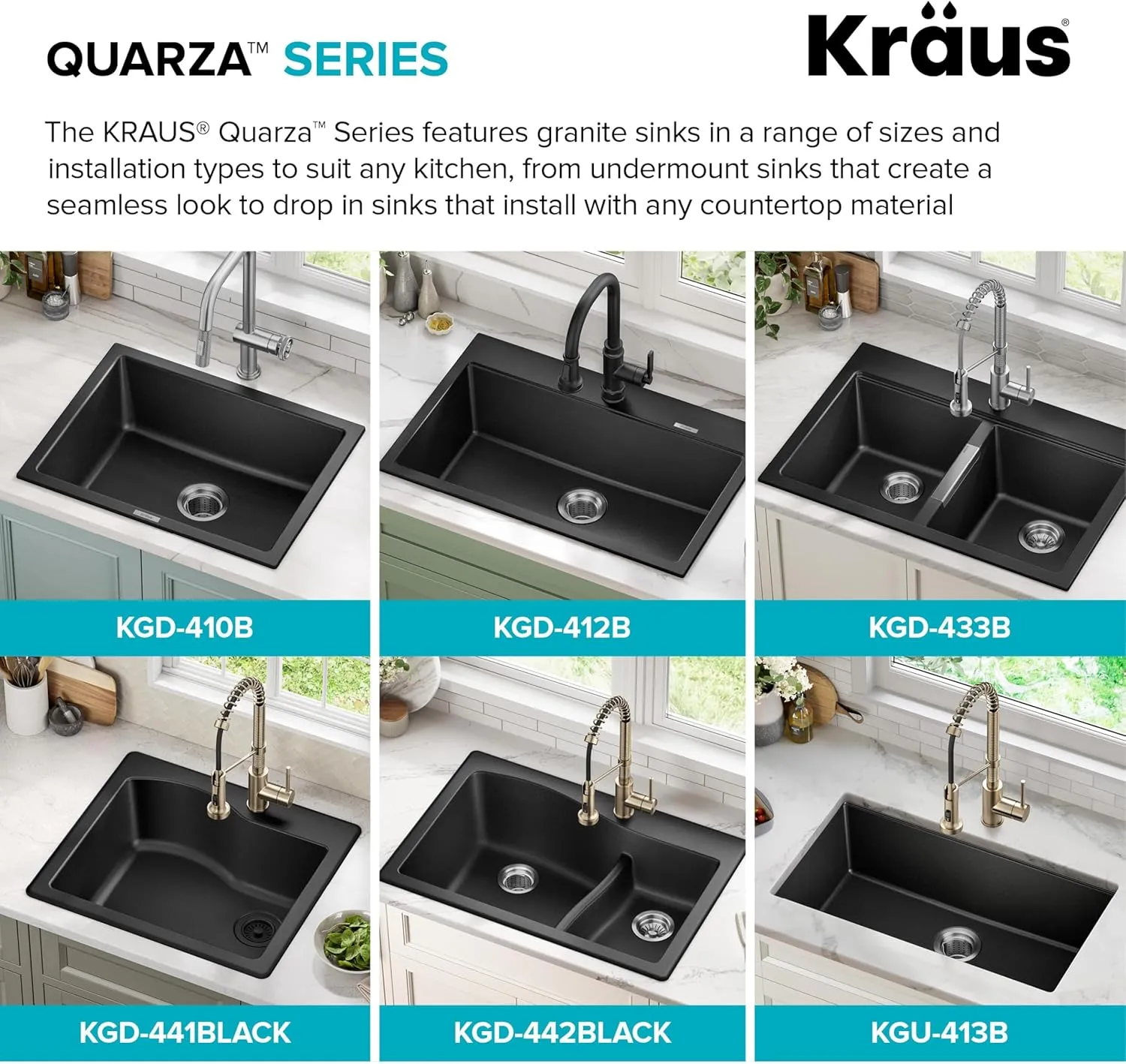 Kraus KGD-433B Quarza Dual Mount 50/50 Double Bowl Granite Black w/Drop In and Undermount Kitchen Sink Installation, 33