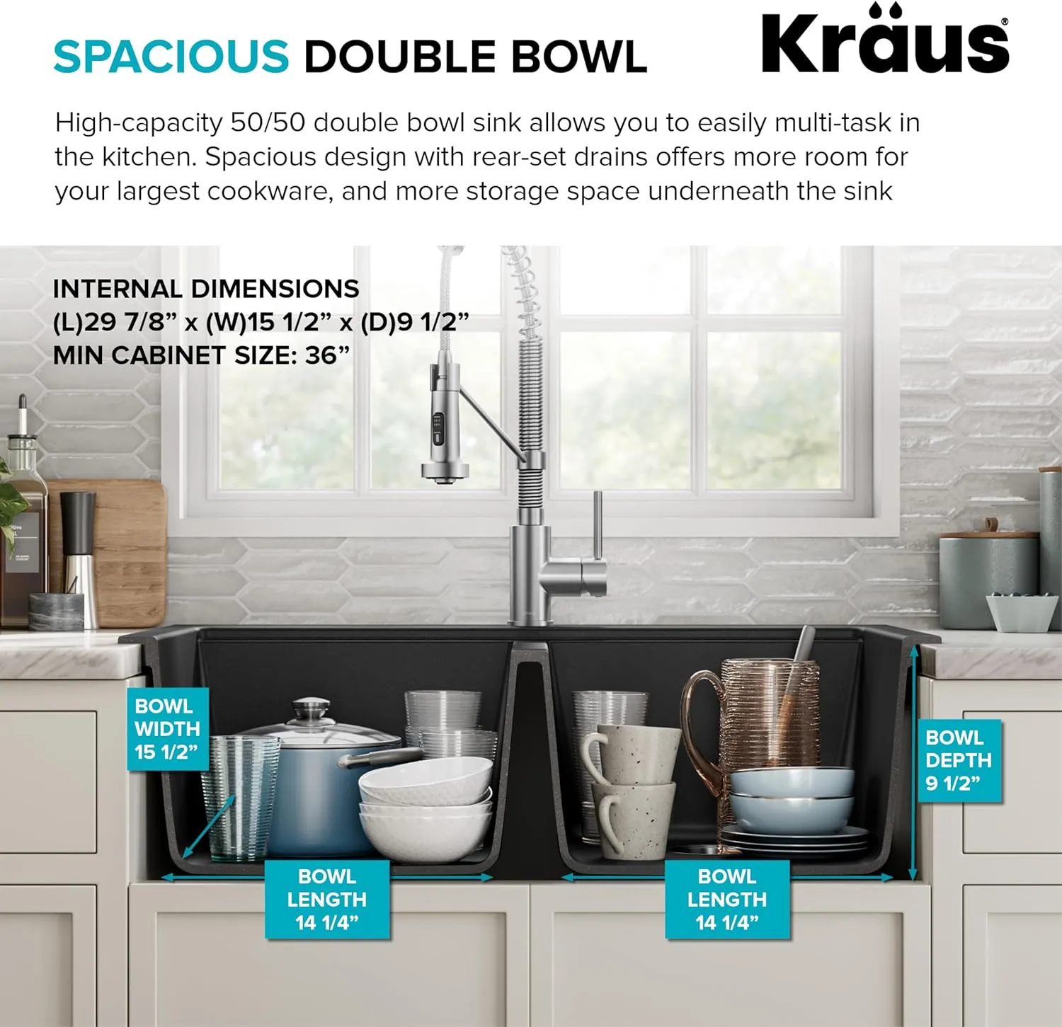 Kraus KGD-433B Quarza Dual Mount 50/50 Double Bowl Granite Black w/Drop In and Undermount Kitchen Sink Installation, 33