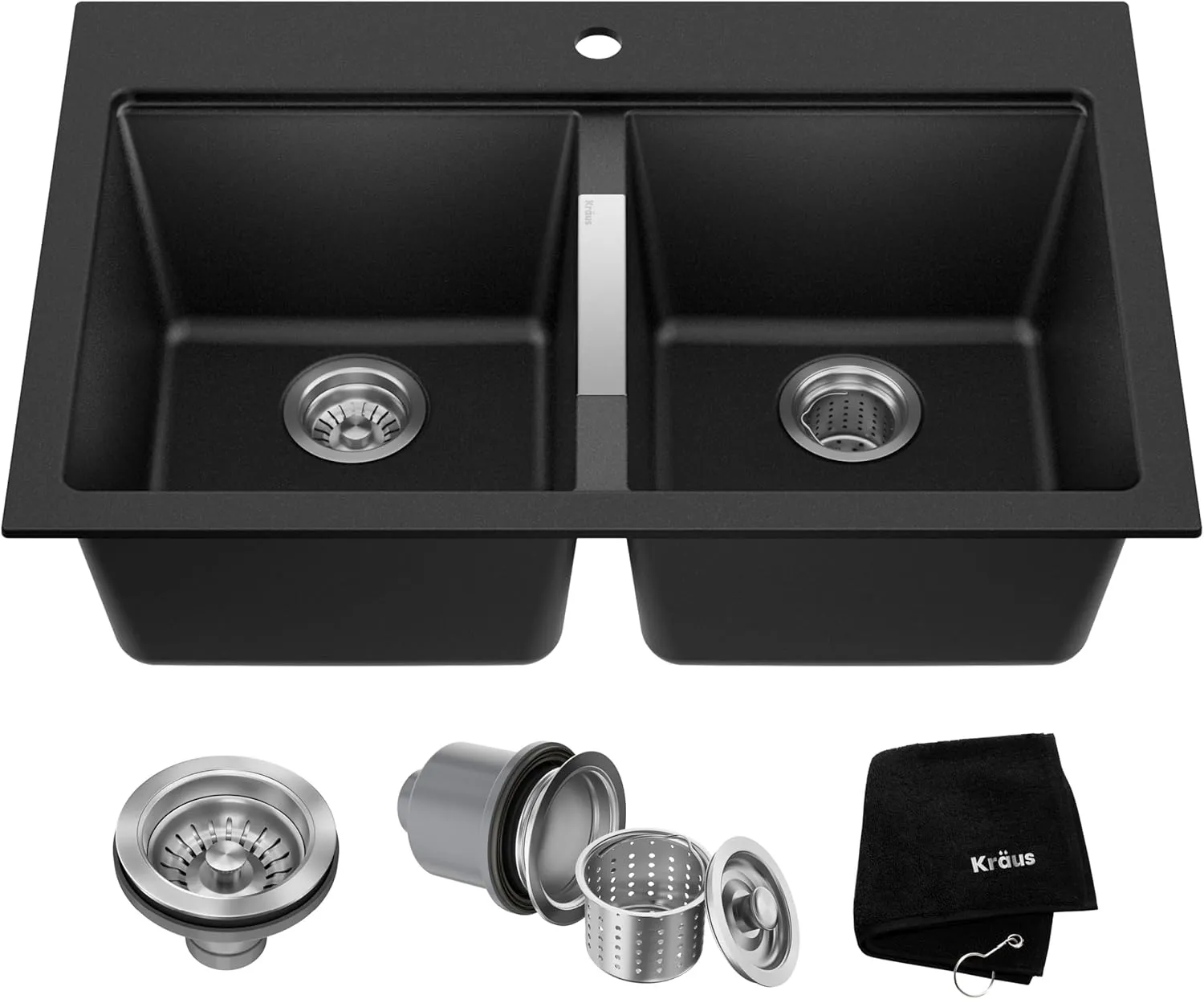 Kraus KGD-433B Quarza Dual Mount 50/50 Double Bowl Granite Black w/Drop In and Undermount Kitchen Sink Installation, 33