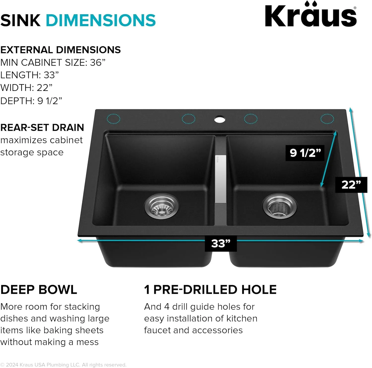 Kraus KGD-433B Quarza Dual Mount 50/50 Double Bowl Granite Black w/Drop In and Undermount Kitchen Sink Installation, 33