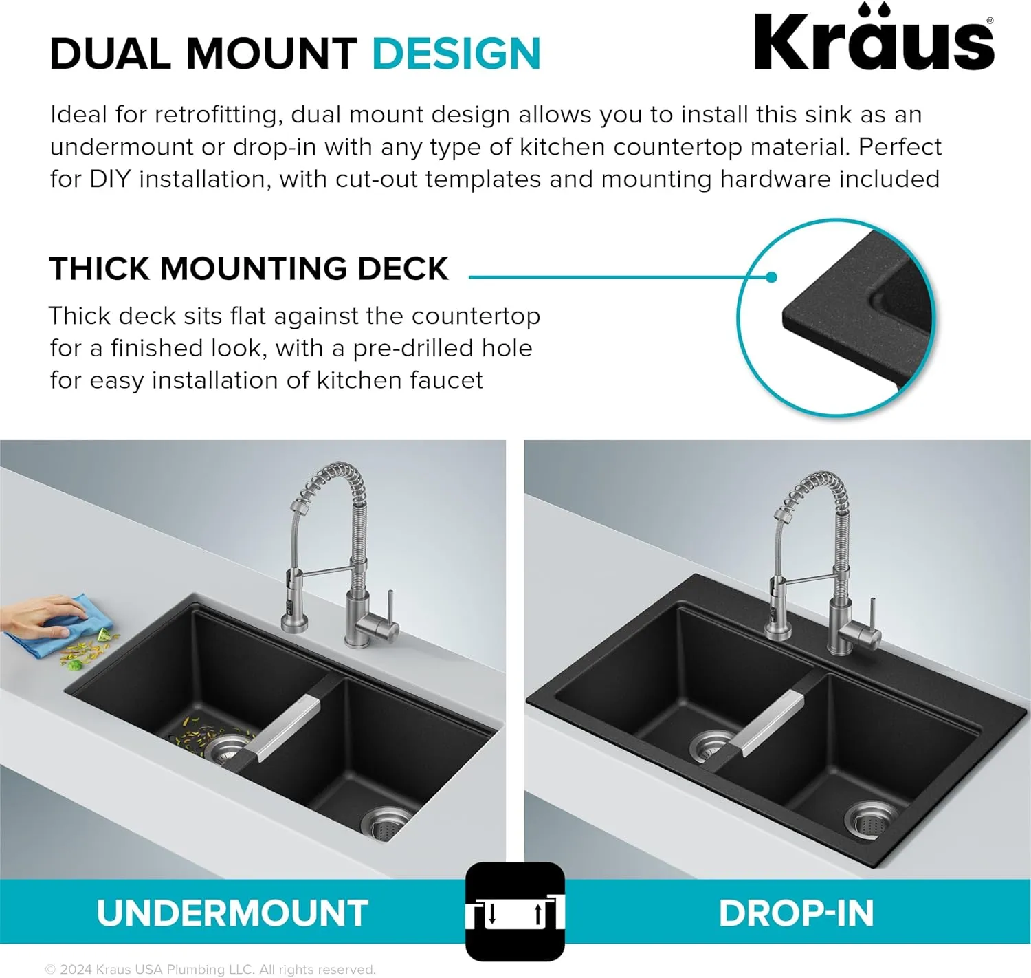 Kraus KGD-433B Quarza Dual Mount 50/50 Double Bowl Granite Black w/Drop In and Undermount Kitchen Sink Installation, 33