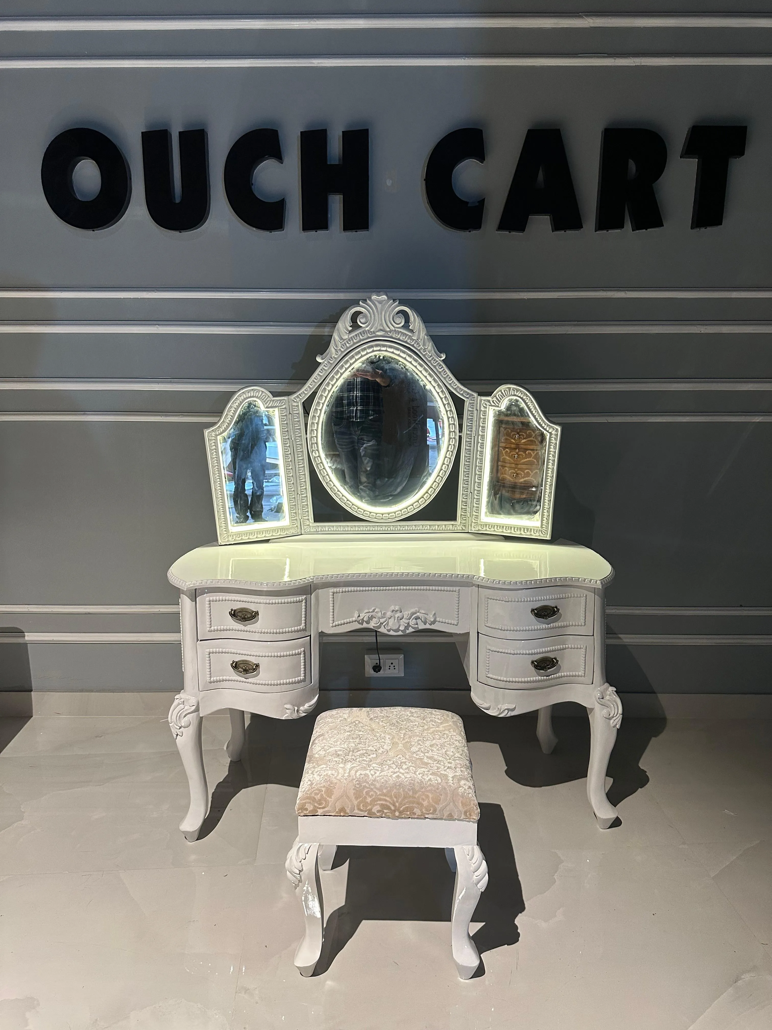 Ktaxon Vanity Make Up Table White Dressing Table Set with Stool 5 Drawer and 3 Foldable Mirror with Led Lights