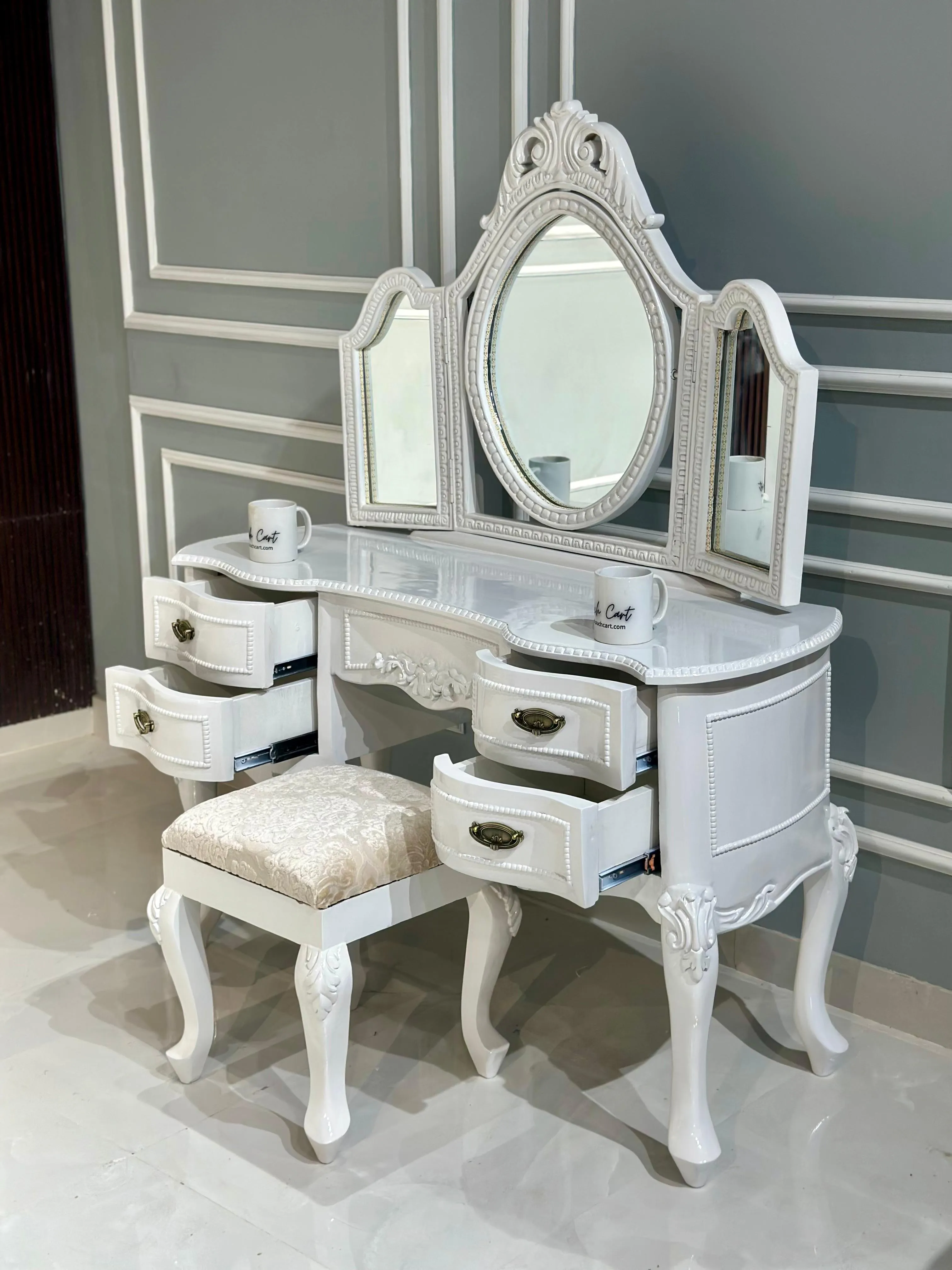 Ktaxon Vanity Make Up Table White Dressing Table Set with Stool 5 Drawer and 3 Foldable Mirror with Led Lights