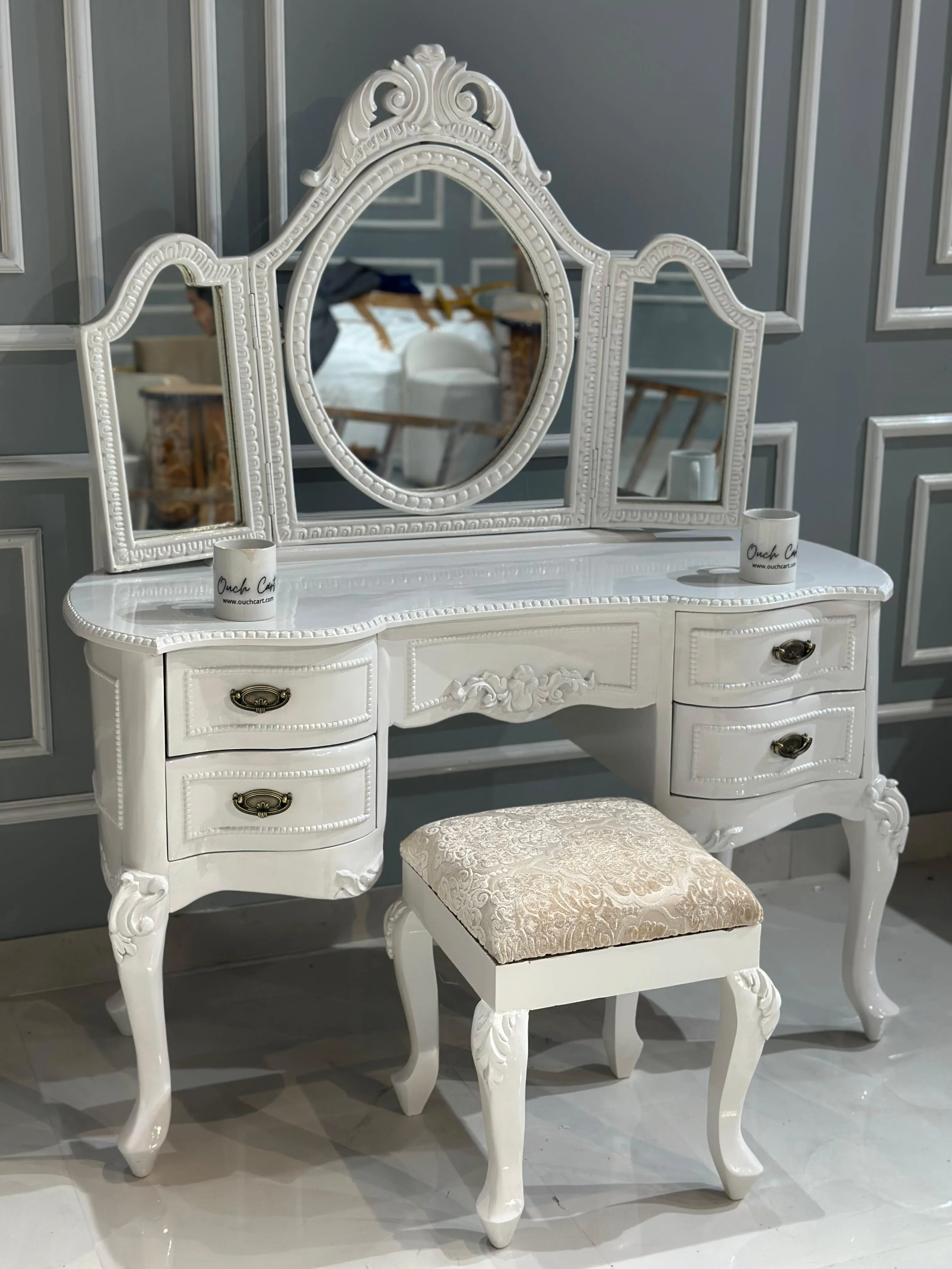 Ktaxon Vanity Make Up Table White Dressing Table Set with Stool 5 Drawer and 3 Foldable Mirror with Led Lights
