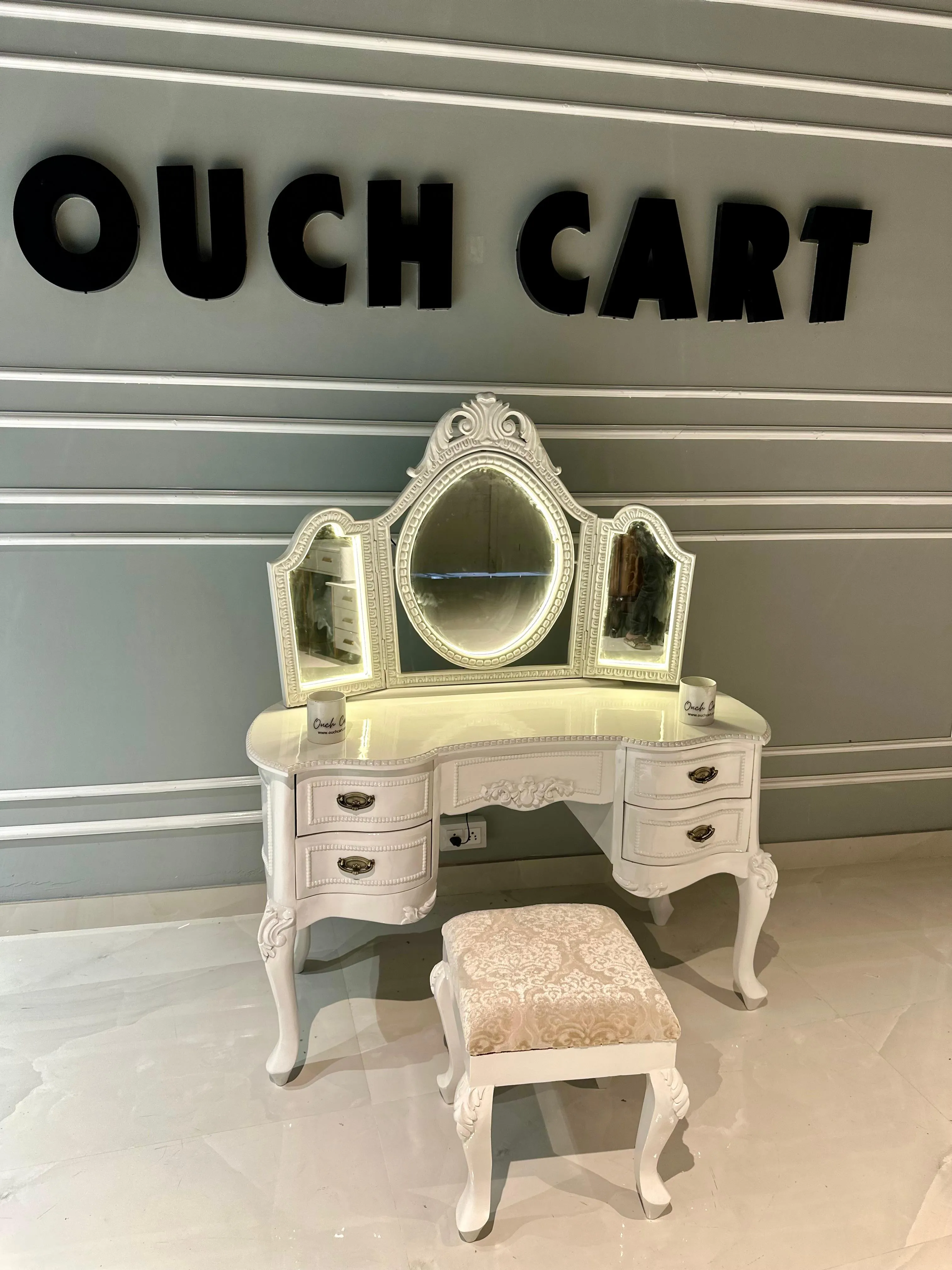 Ktaxon Vanity Make Up Table White Dressing Table Set with Stool 5 Drawer and 3 Foldable Mirror with Led Lights