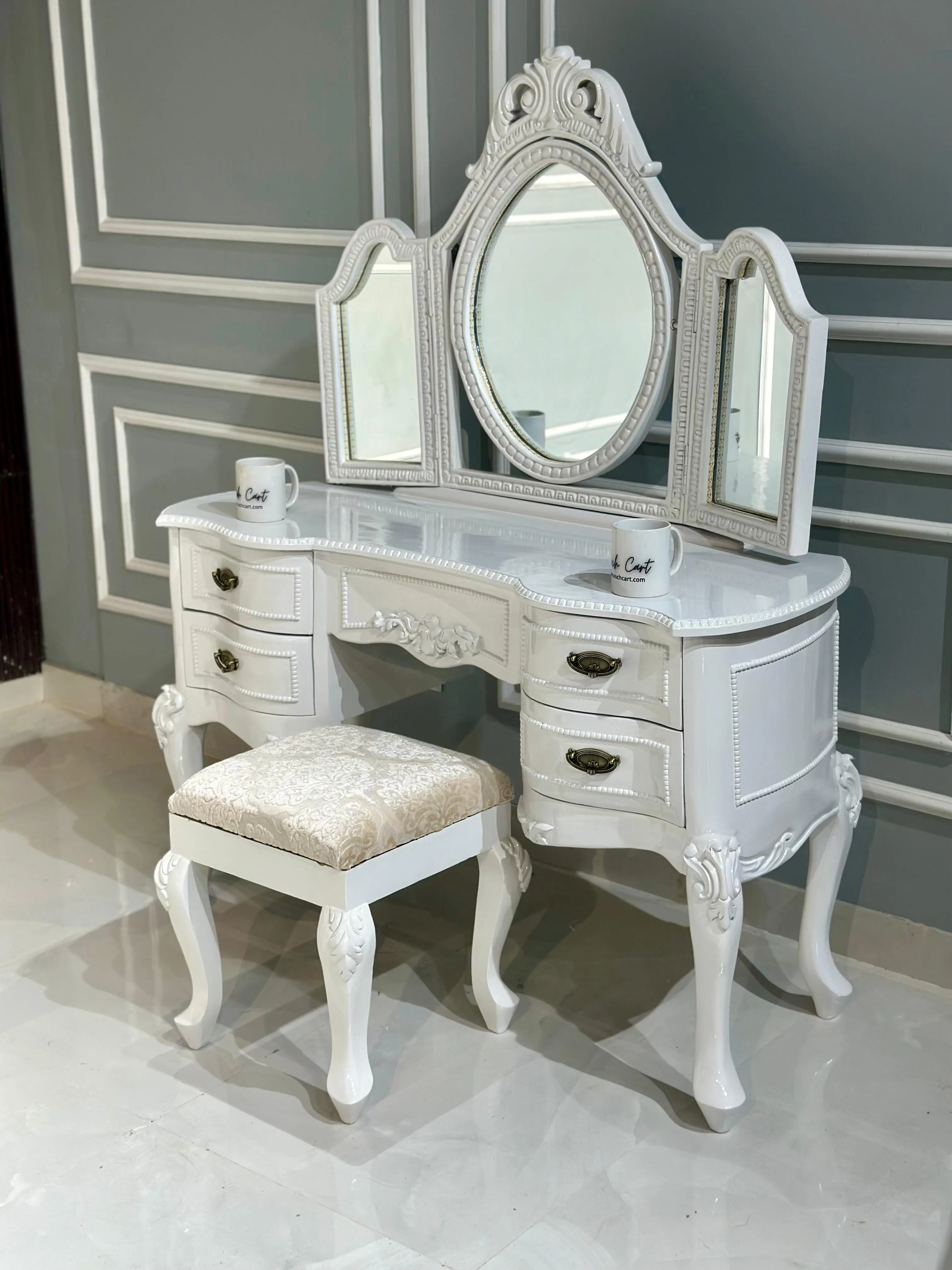 Ktaxon Vanity Make Up Table White Dressing Table Set with Stool 5 Drawer and 3 Foldable Mirror with Led Lights