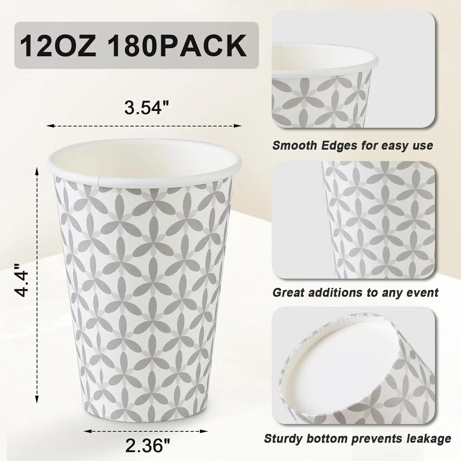 Lamosi 180 Pack 12 oz Coffee Cups, Paper Coffee Cup 12 oz, Disposable Coffee Cups, Leakproof Hot Drink Cup for Cafe, Office, Party