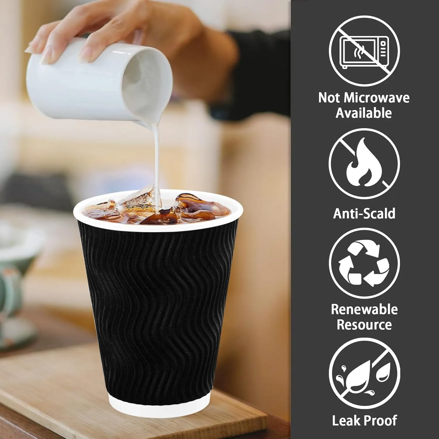 Lamosi Disposable Coffee Cups 12 OZ 100 Pack, Paper Coffee Cups 12 OZ for Hot Drinks or Cold Beverages, Insulated Corrugated Ripple Wall Cup No Lids for Office, Cafe, Home or Travel (Black)