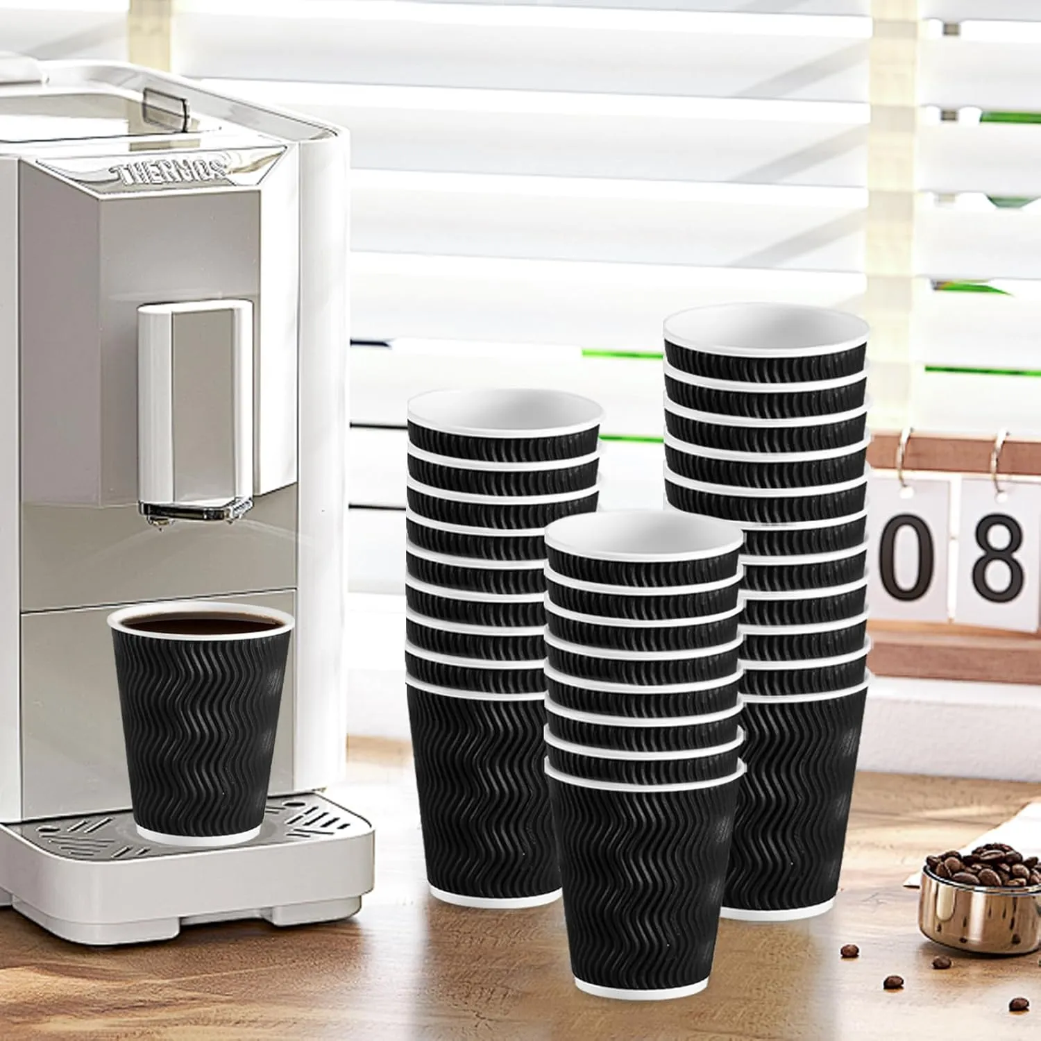Lamosi Disposable Coffee Cups 12 OZ 100 Pack, Paper Coffee Cups 12 OZ for Hot Drinks or Cold Beverages, Insulated Corrugated Ripple Wall Cup No Lids for Office, Cafe, Home or Travel (Black)