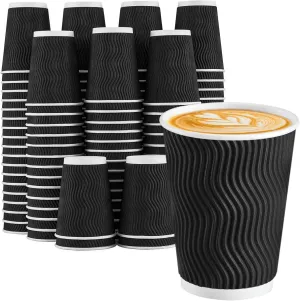 Lamosi Disposable Coffee Cups 12 OZ 100 Pack, Paper Coffee Cups 12 OZ for Hot Drinks or Cold Beverages, Insulated Corrugated Ripple Wall Cup No Lids for Office, Cafe, Home or Travel (Black)