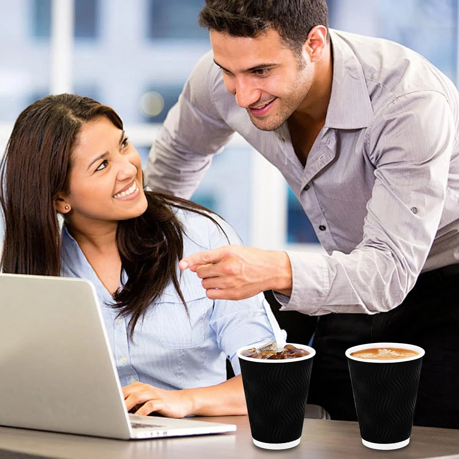 Lamosi Disposable Coffee Cups 12 OZ 100 Pack, Paper Coffee Cups 12 OZ for Hot Drinks or Cold Beverages, Insulated Corrugated Ripple Wall Cup No Lids for Office, Cafe, Home or Travel (Black)