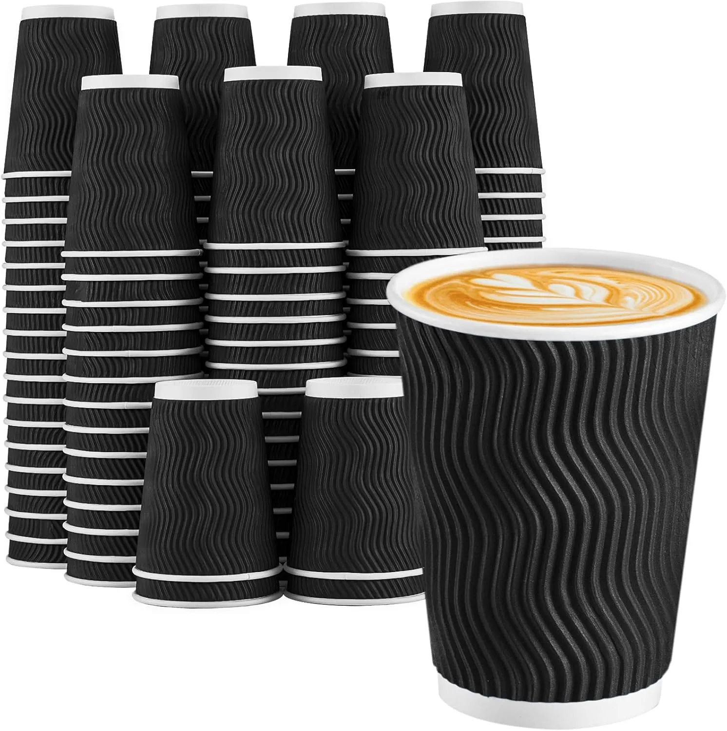 Lamosi Disposable Coffee Cups 12 OZ 100 Pack, Paper Coffee Cups 12 OZ for Hot Drinks or Cold Beverages, Insulated Corrugated Ripple Wall Cup No Lids for Office, Cafe, Home or Travel (Black)