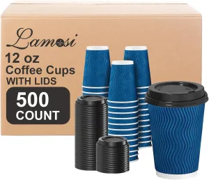 Lamosi Disposable Coffee Cups with Lids 12 OZ 500 Pack, Insulated Paper Coffee Cups with Lids, Corrugated Ripple Wall To Go Coffee Cup with Lid for Hot Beverages (Blue)