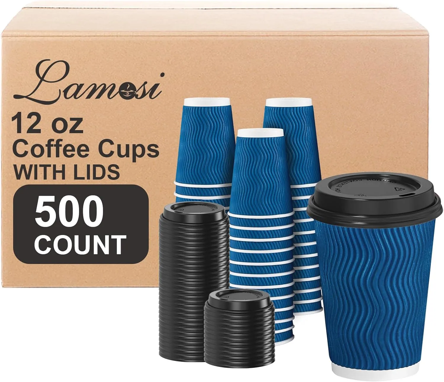 Lamosi Disposable Coffee Cups with Lids 12 OZ 500 Pack, Insulated Paper Coffee Cups with Lids, Corrugated Ripple Wall To Go Coffee Cup with Lid for Hot Beverages (Blue)