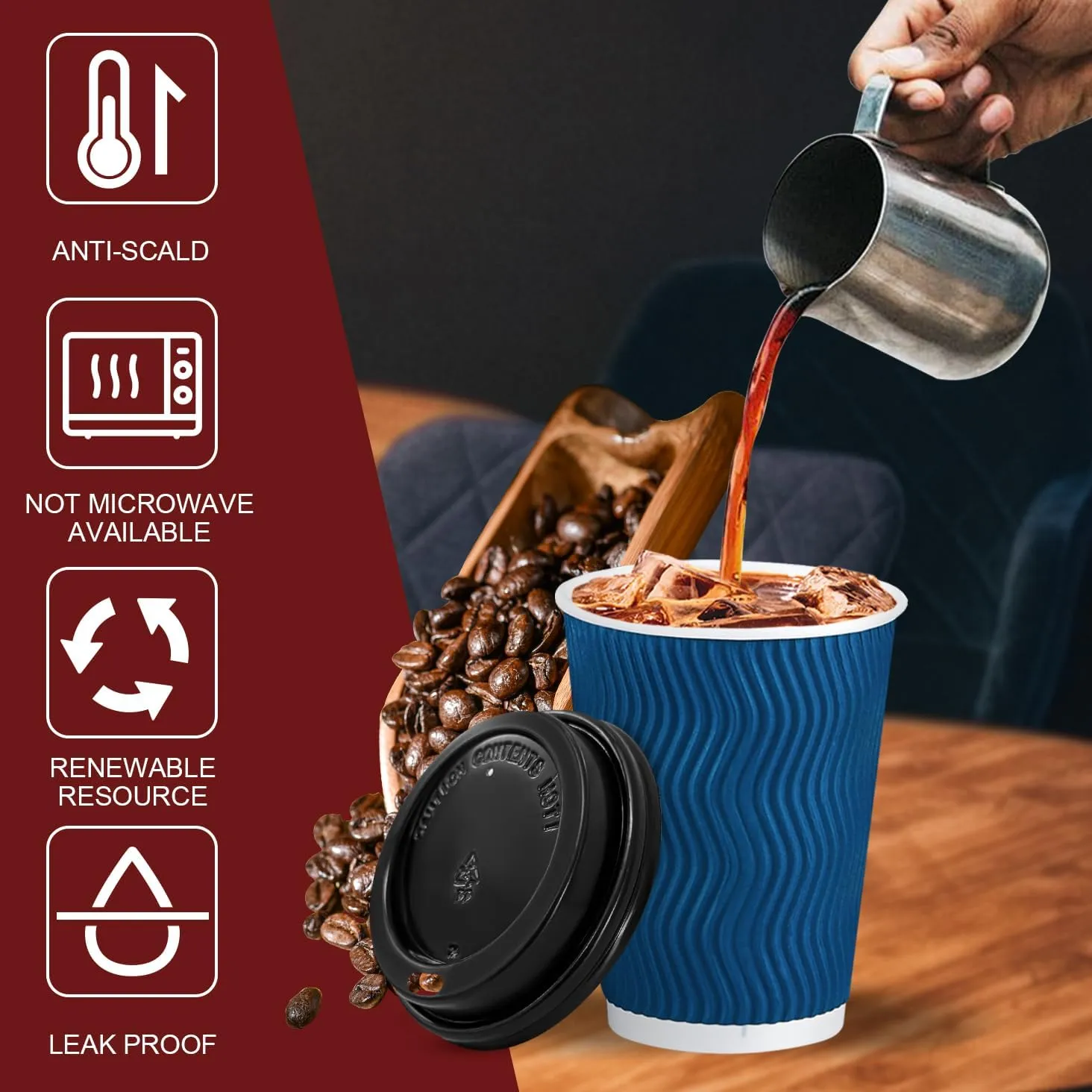 Lamosi Disposable Coffee Cups with Lids 12 OZ 500 Pack, Insulated Paper Coffee Cups with Lids, Corrugated Ripple Wall To Go Coffee Cup with Lid for Hot Beverages (Blue)