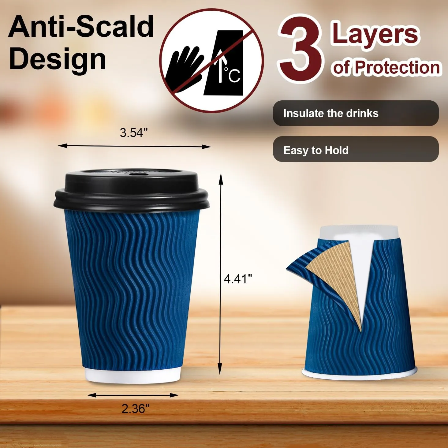 Lamosi Disposable Coffee Cups with Lids 12 OZ 500 Pack, Insulated Paper Coffee Cups with Lids, Corrugated Ripple Wall To Go Coffee Cup with Lid for Hot Beverages (Blue)
