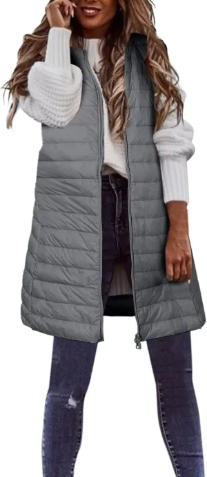 LCMTWX Black Puffer Vest Coat Vest With Hood Sleeveless Warm Down Coat With Pockets Quilted Vest Down Womens Long Puffer