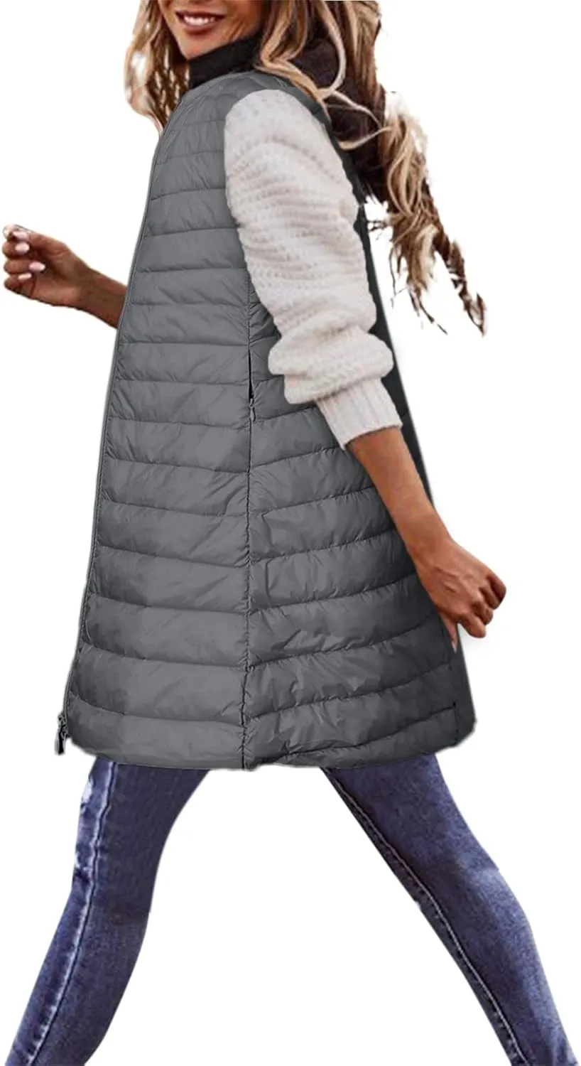 LCMTWX Black Puffer Vest Coat Vest With Hood Sleeveless Warm Down Coat With Pockets Quilted Vest Down Womens Long Puffer