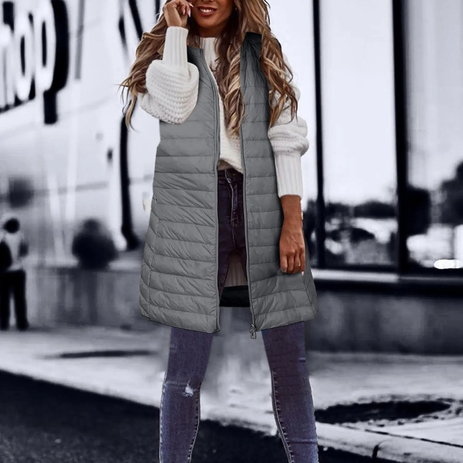 LCMTWX Black Puffer Vest Coat Vest With Hood Sleeveless Warm Down Coat With Pockets Quilted Vest Down Womens Long Puffer