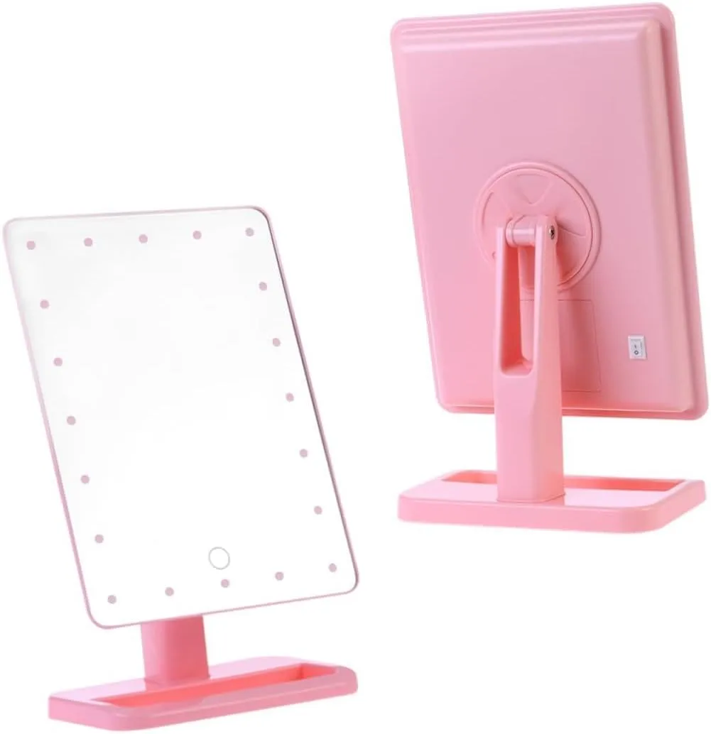 LED Touch Screen Lighted Makeup Mirror Pink Tabletop Vanity Mirror with Rotation Portable Design for Easy Makeup Application Low Light Conditions