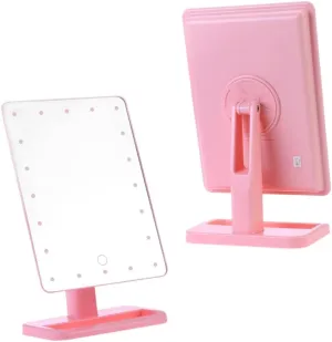 LED Touch Screen Lighted Makeup Mirror Pink Tabletop Vanity Mirror with Rotation Portable Design for Easy Makeup Application Low Light Conditions