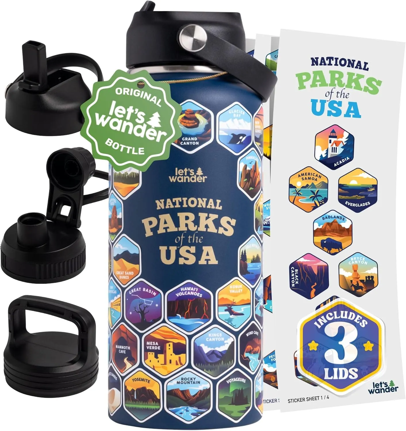LET'S WANDER National Parks Water Bottle with 3 Lids & 63 Waterproof Stickers - 32oz Leakproof Insulated Stainless Steel with Straw - USA Hiker Gift Bottle (Blue)