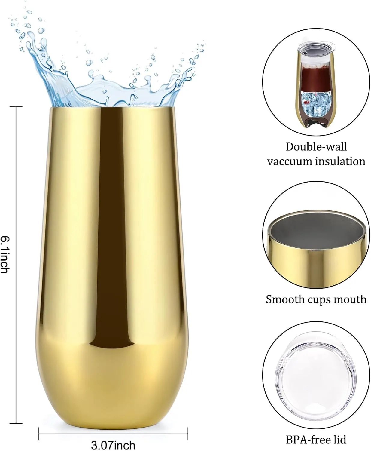 Lifecapido 12 Pack Insulated Champagne Tumblers, 12oz Stemless Flutes, Stainless Steel Tumblers, Insulated Glass for Birthday Party Wedding Christmas, Gold Plating