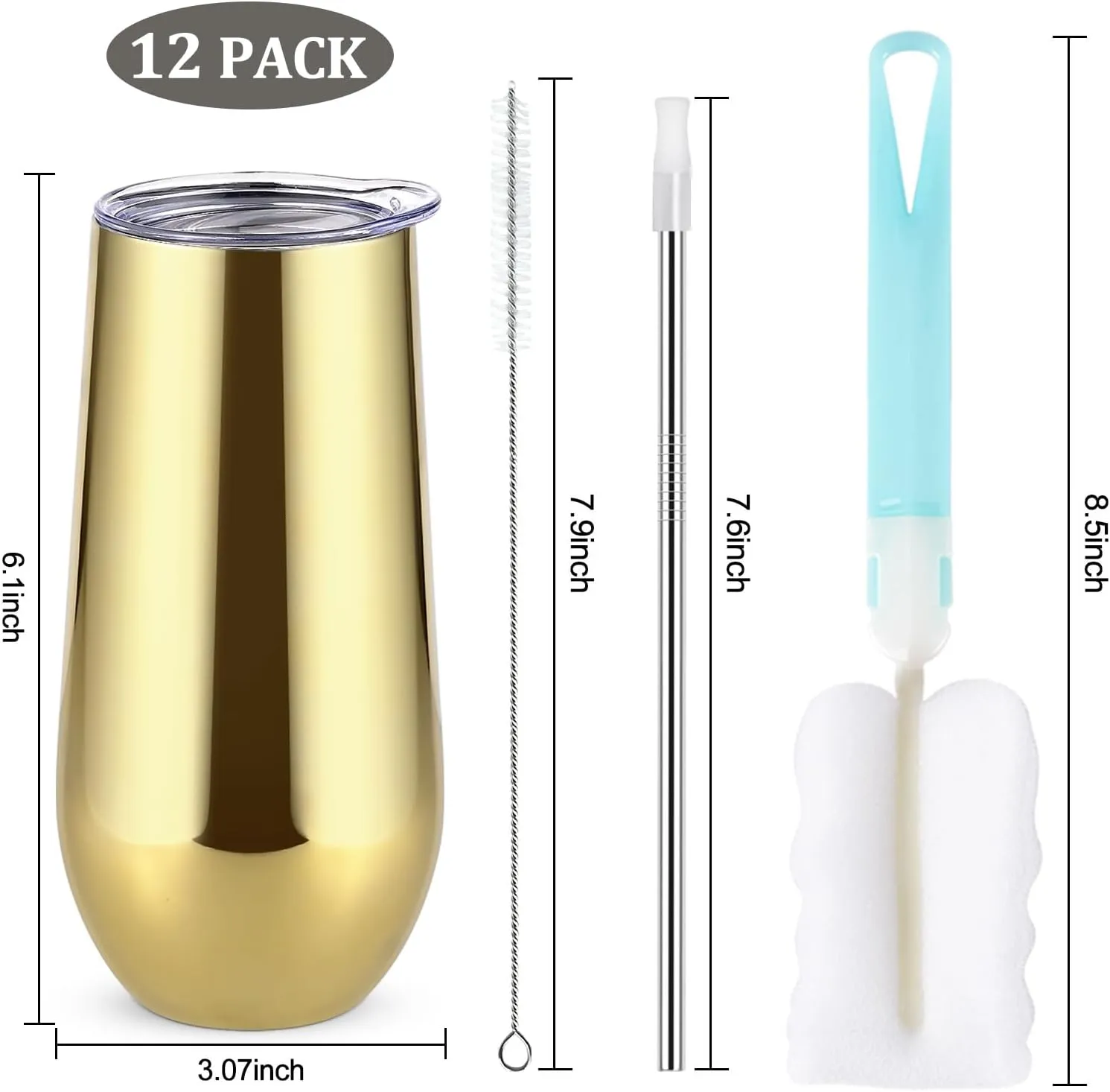 Lifecapido 12 Pack Insulated Champagne Tumblers, 12oz Stemless Flutes, Stainless Steel Tumblers, Insulated Glass for Birthday Party Wedding Christmas, Gold Plating