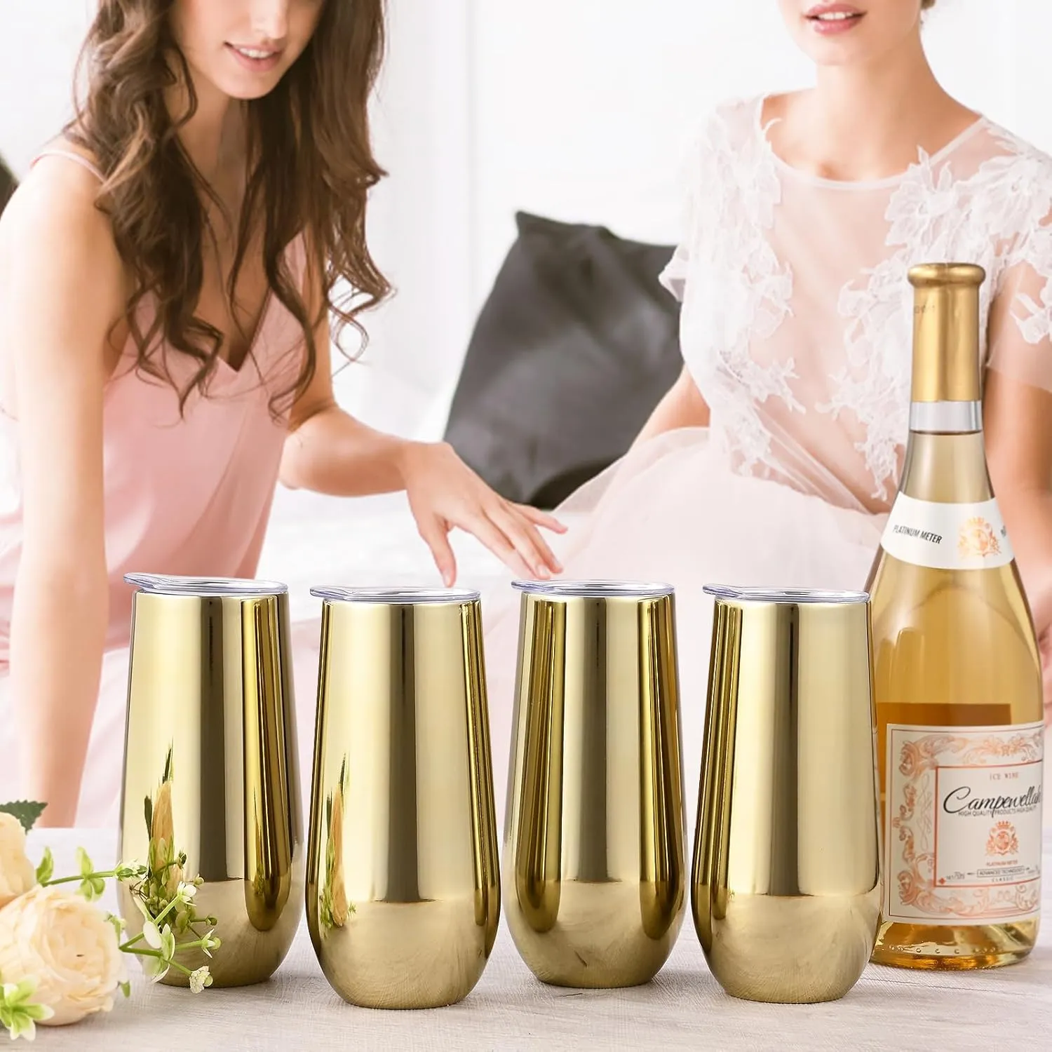 Lifecapido 12 Pack Insulated Champagne Tumblers, 12oz Stemless Flutes, Stainless Steel Tumblers, Insulated Glass for Birthday Party Wedding Christmas, Gold Plating